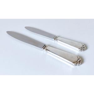Twelve Art Deco Table Knives And Twelve Dessert Knives In Solid Silver Delheid Nr. 40 Model 