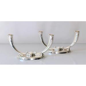 A Pair Of Art Deco Candelabra In Sterling Silver