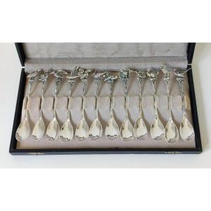 Twelve Solid Silver Tea, Coffee Spoons Decorated With Birds