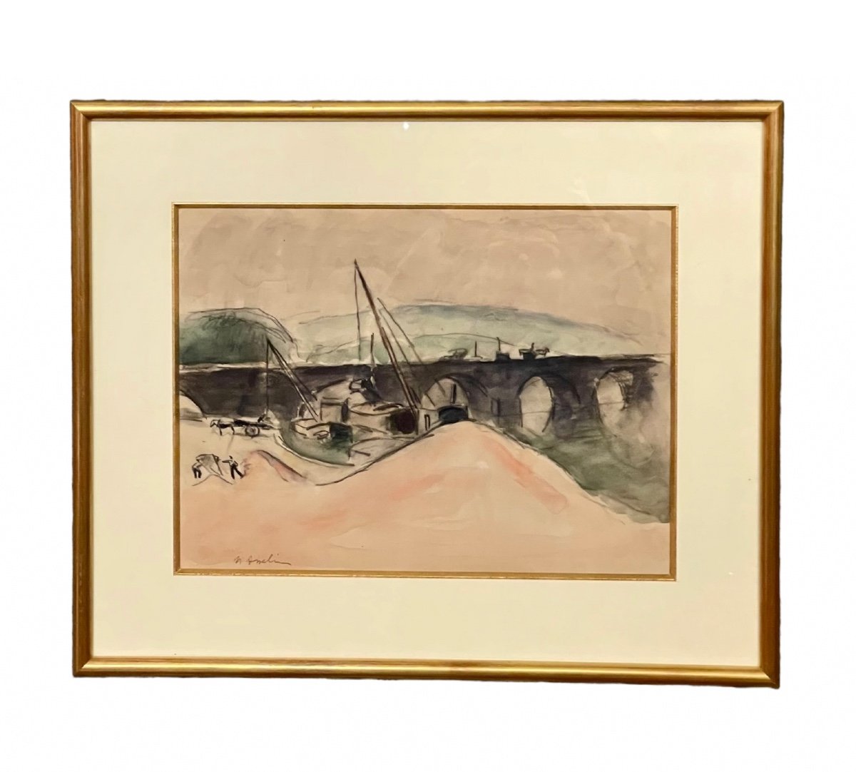 Aquarelle De Maurice Asselin (1882 - 1947) Sablière et péniches près du pont-photo-4