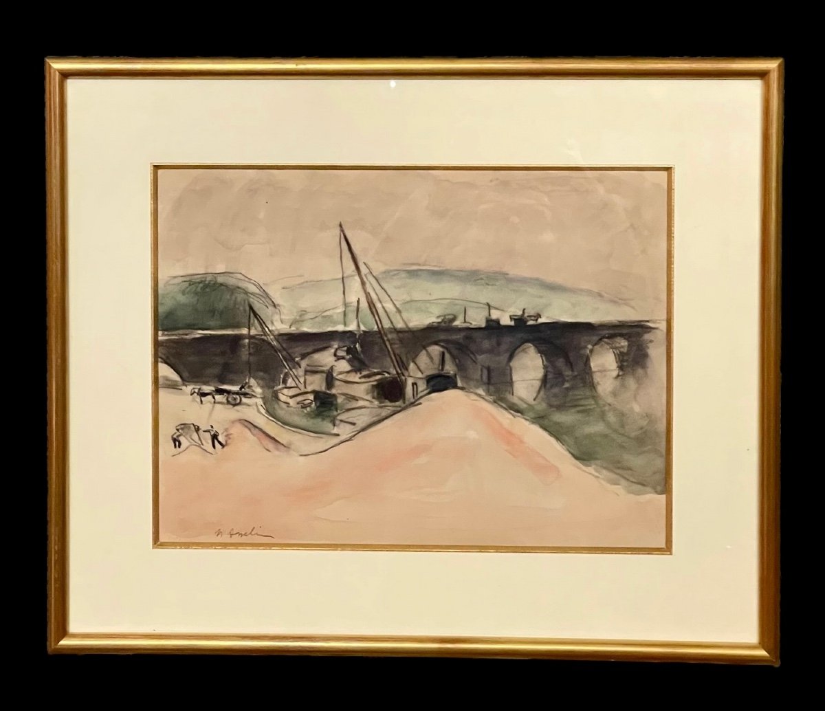 Aquarelle De Maurice Asselin (1882 - 1947) Sablière et péniches près du pont