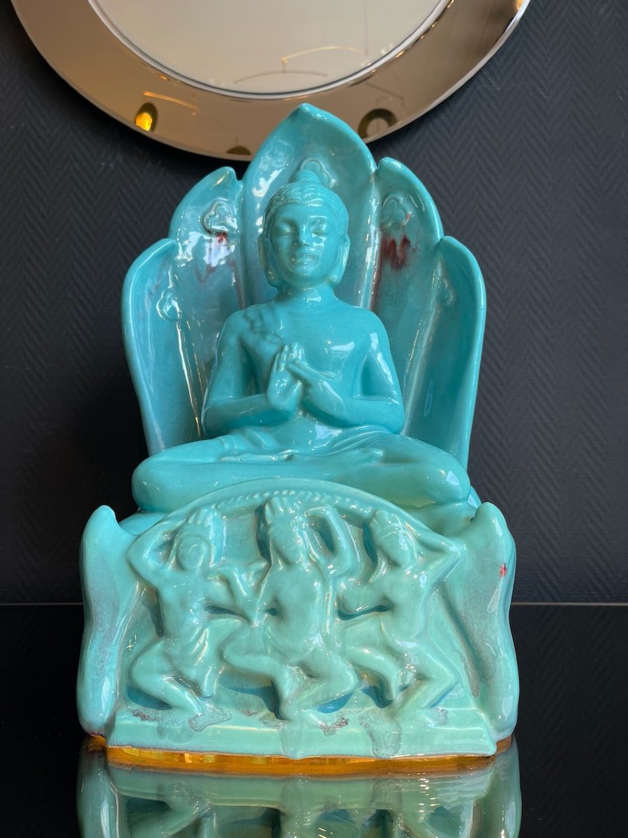 Large Buddha In Blue Ceramic From Vallauris-photo-4
