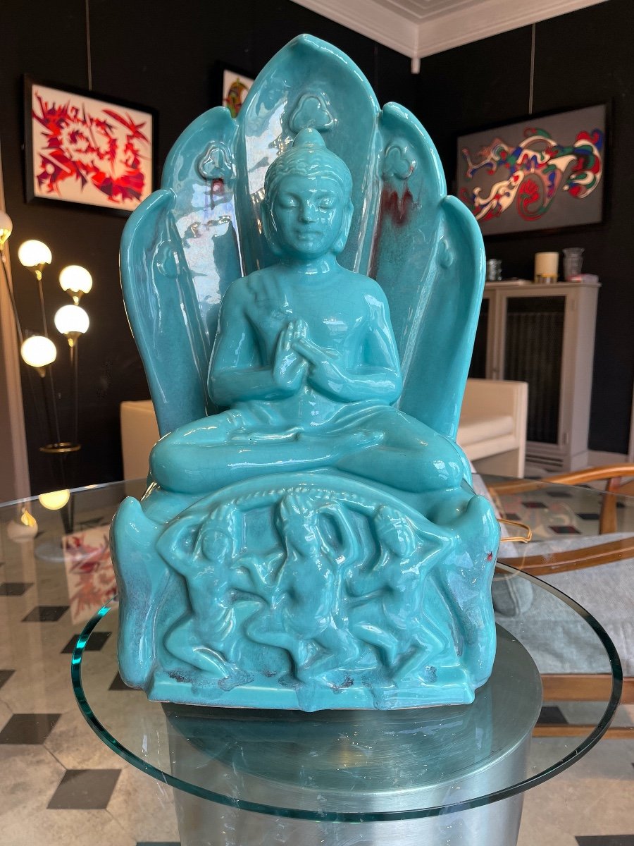 Large Buddha In Blue Ceramic From Vallauris