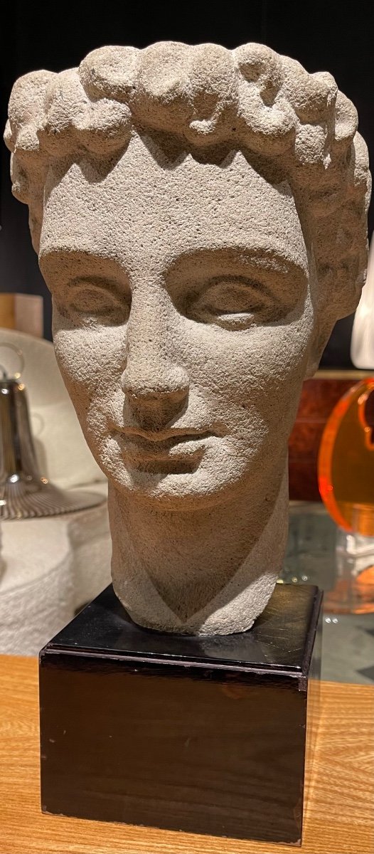 Stone Sculpture - Head Of An Antique Character On Base - Year 1940 Art Deco Style-photo-5