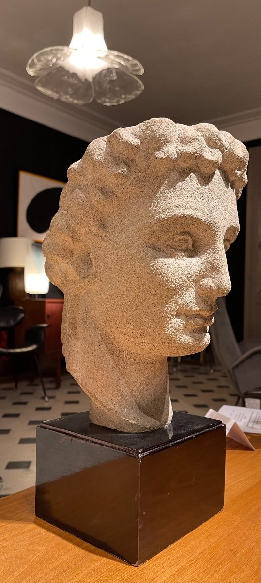 Stone Sculpture - Head Of An Antique Character On Base - Year 1940 Art Deco Style-photo-6