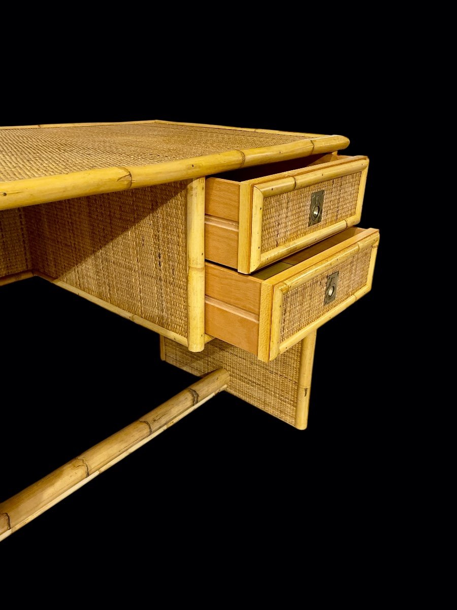 Vintage Wicker And Bamboo Desk Stamped Dal Vera 1978 - Italy 1970s-photo-1