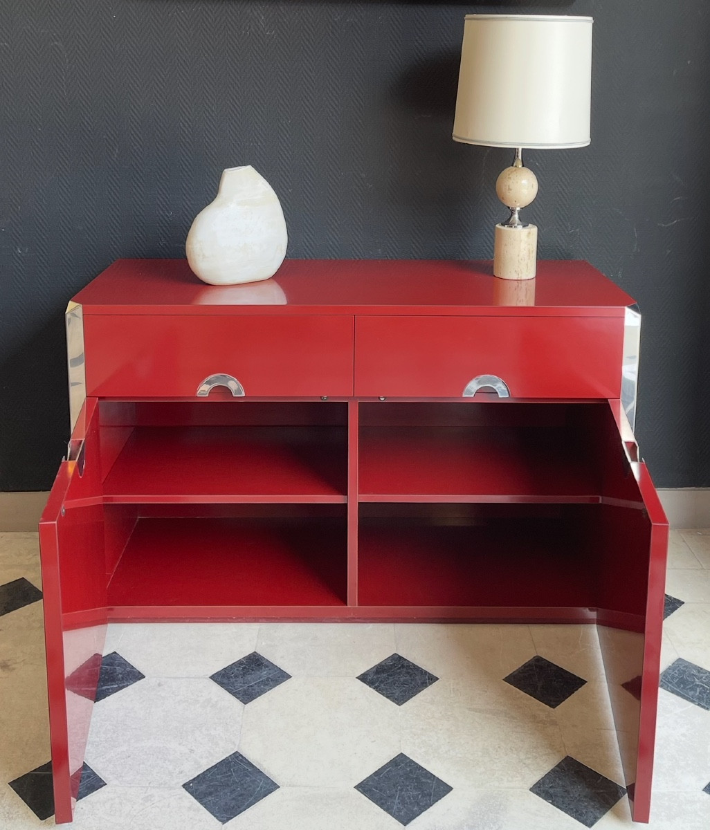 Carmine Red Two-door Sideboard By Willy Rizzo For Mario Sabot - Italy - 1970s-photo-2