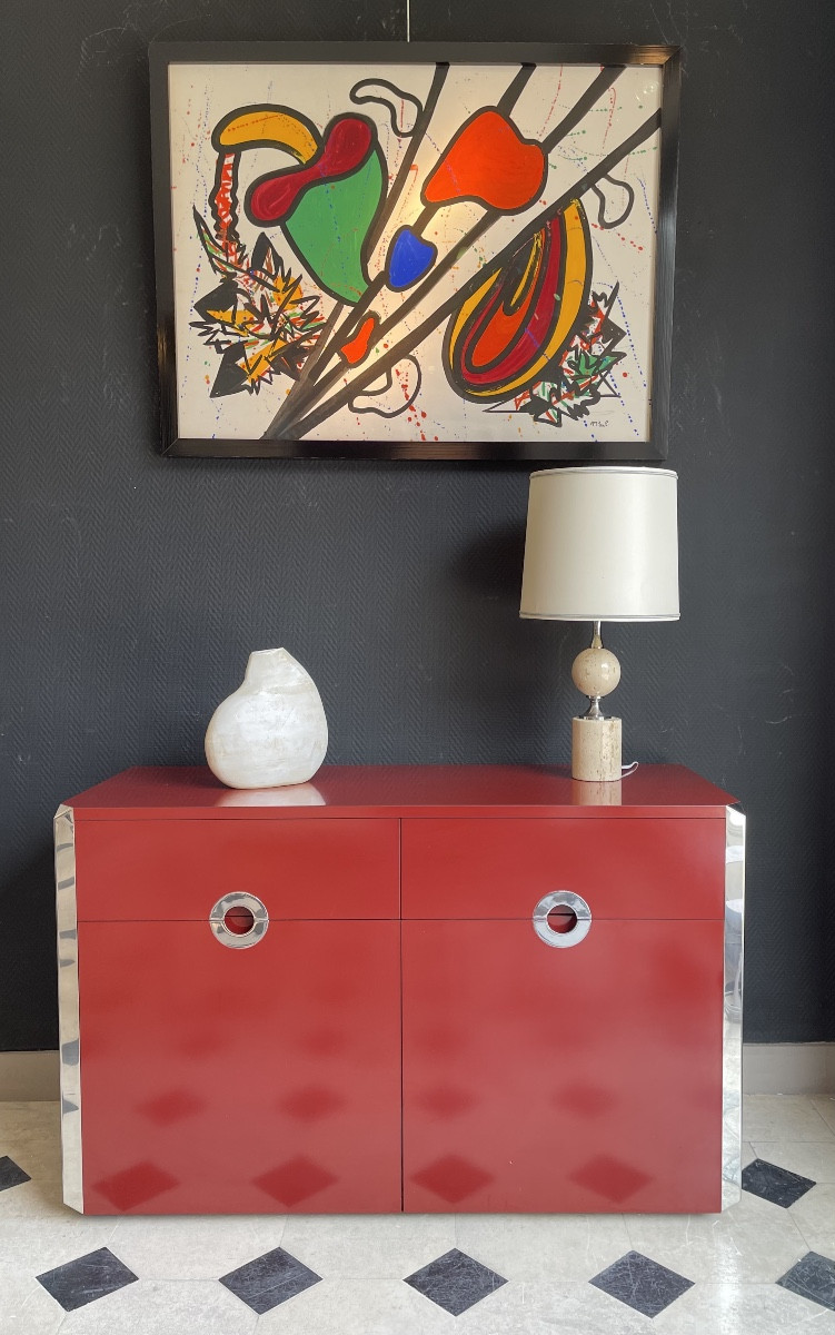 Carmine Red Two-door Sideboard By Willy Rizzo For Mario Sabot - Italy - 1970s-photo-3