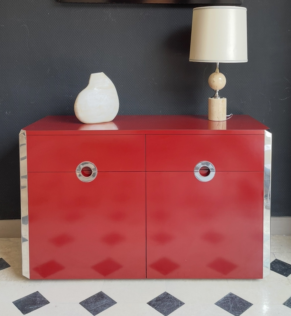Carmine Red Two-door Sideboard By Willy Rizzo For Mario Sabot - Italy - 1970s