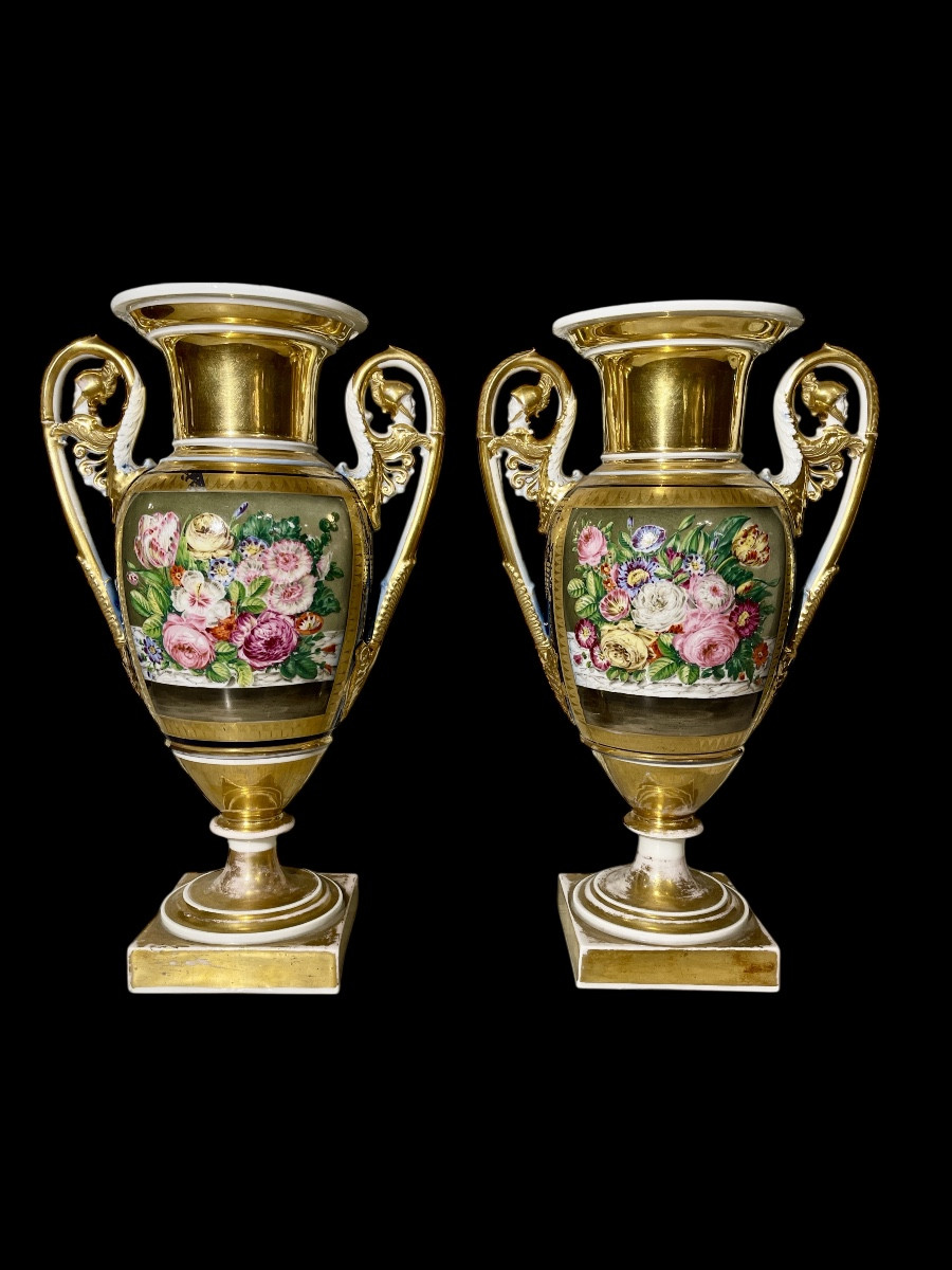 Pair Of Charles X Porcelain Vases Decorated With A Bouquet Of Flowers
