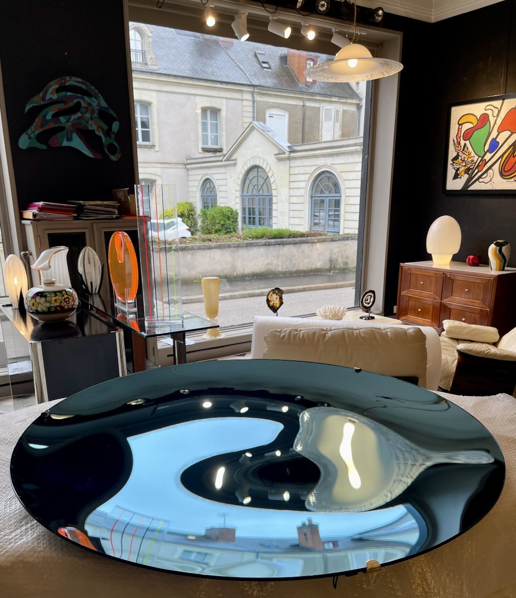 Grand Miroir rond contemporain en verre concave coloré bleu – Italie, XXIe siècle-photo-2