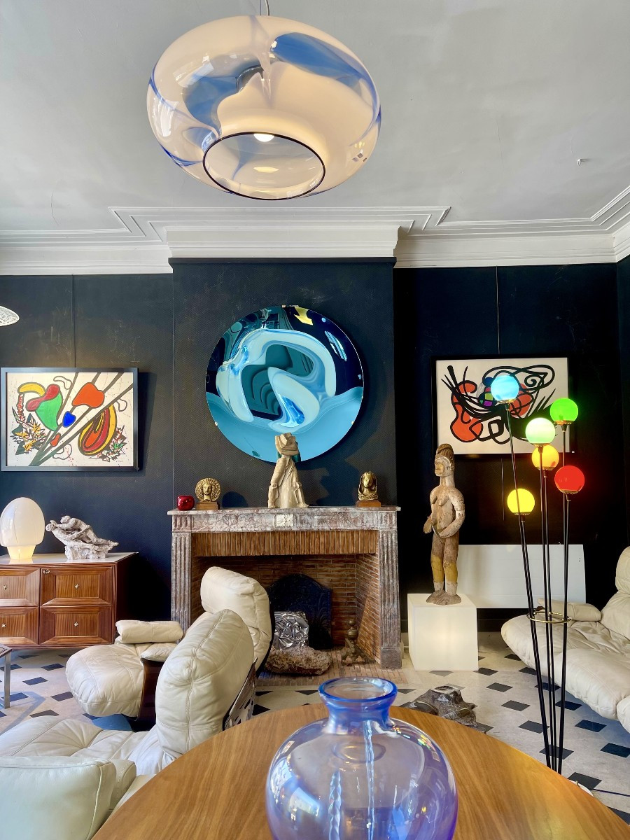 Grand Miroir rond contemporain en verre concave coloré bleu – Italie, XXIe siècle-photo-6