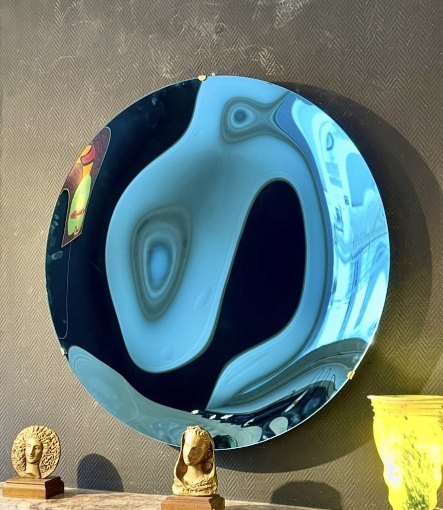 Grand Miroir rond contemporain en verre concave coloré bleu – Italie, XXIe siècle-photo-1