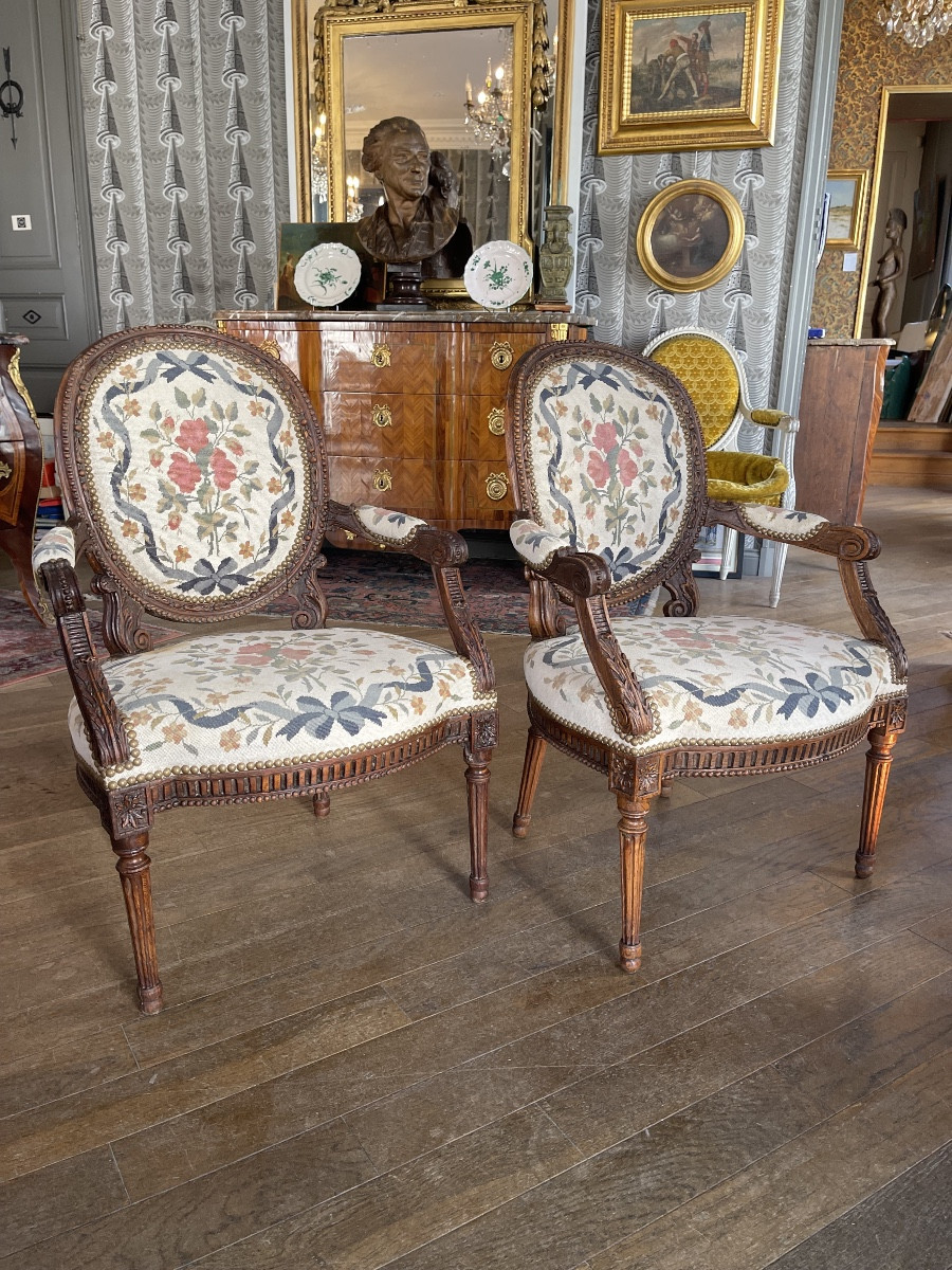 Pair Of Louis XVI Period Oak Cabriolet Armchairs - 18th Century-photo-7