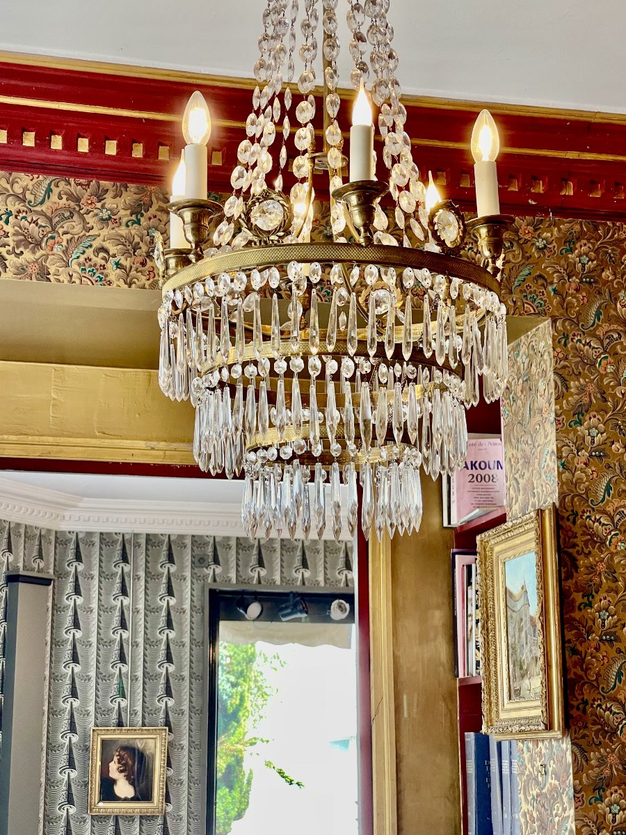 Lustre d'époque empire en bronze doré et cristal - France XIXe siècle-photo-2