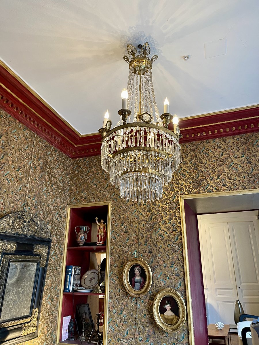 Lustre d'époque empire en bronze doré et cristal - France XIXe siècle-photo-3