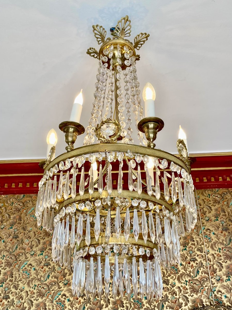 Lustre d'époque empire en bronze doré et cristal - France XIXe siècle