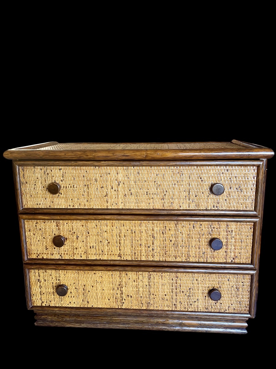 Maugrion "le Rotin Prestige" Chest Of Drawers, Made Of Wood And Rattan, France, Circa 1980-photo-2