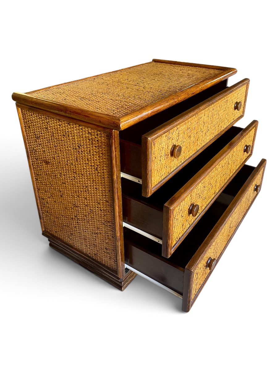 Maugrion "le Rotin Prestige" Chest Of Drawers, Made Of Wood And Rattan, France, Circa 1980-photo-4