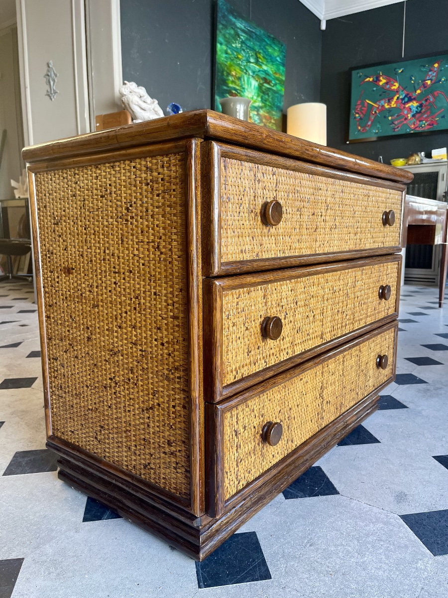 Maugrion "le Rotin Prestige" Chest Of Drawers, Made Of Wood And Rattan, France, Circa 1980-photo-1