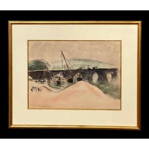 Aquarelle De Maurice Asselin (1882 - 1947) Sablière et péniches près du pont