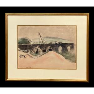 Aquarelle De Maurice Asselin (1882 - 1947) Sablière et péniches près du pont