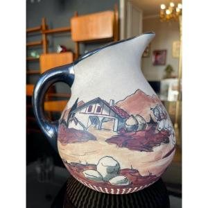 Ciboure Pitcher In Stoneware - Basque Ceramic Signed M.fernandez Stamp Ve étienne Vilotte