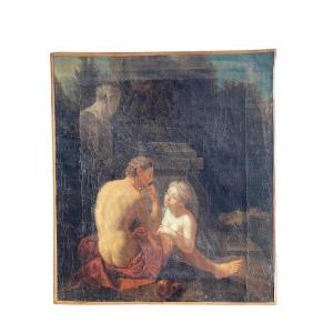 Painting Representing “pan And Diana” Oil On Canvas From The 18th Century