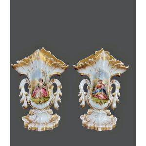 Paire De Vases d'Autel En Porcelaine De Paris Napoléon III - 19e Siècle