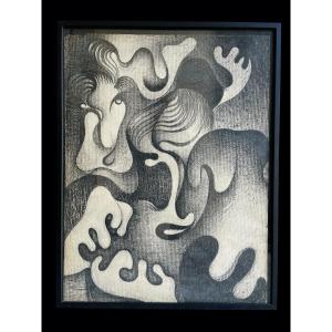 Drawing On Paper By Roger Desserprit - 1950