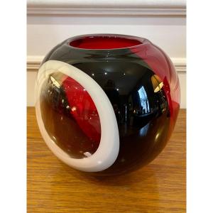 Round Vase In Tricolour Murano Glass - Italy 1970