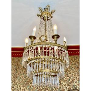 Lustre d'époque empire en bronze doré et cristal - France XIXe siècle
