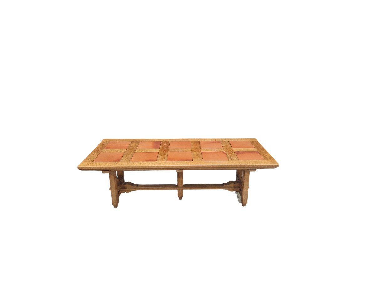 Large Dining Room Table In Solid Oak And Terracotta, Guillerme Et Chambron-photo-2