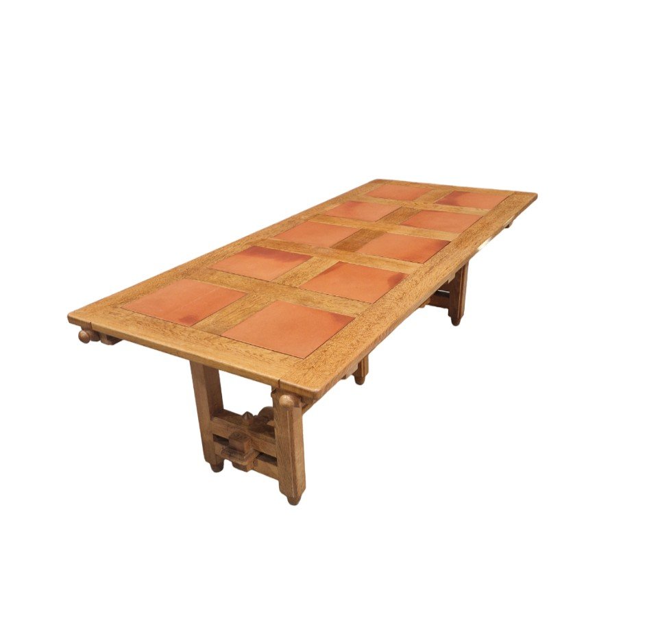 Large Dining Room Table In Solid Oak And Terracotta, Guillerme Et Chambron