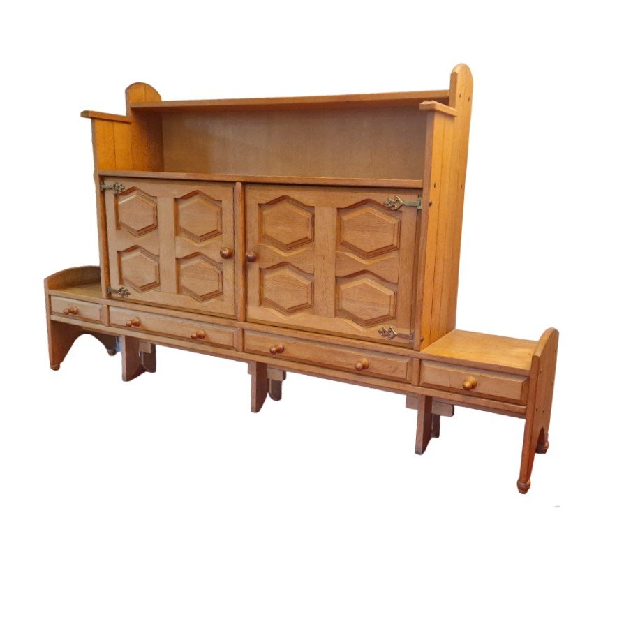 Vintage Brutalist Cabinet In Light Oak And Brass, Guillerme Et Chambron-photo-2