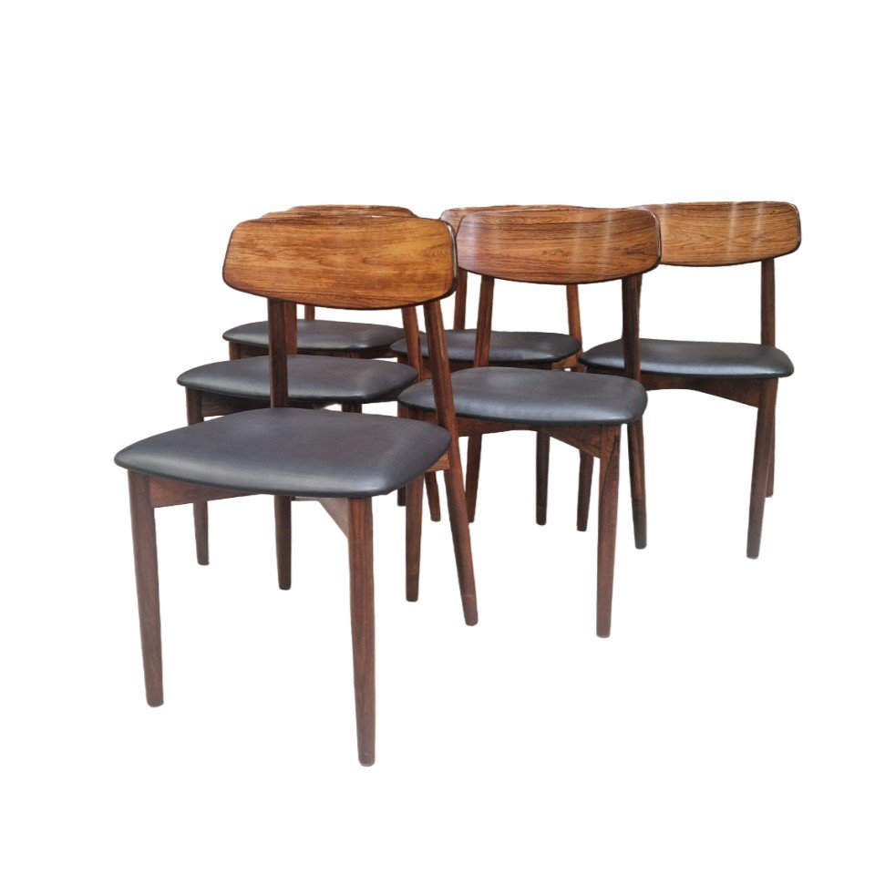 S&eacute;rie De Six Chaises Vintage Scandinaves  En Palissandre Et Cuir Noir, Harry Ostergaard-photo-2
