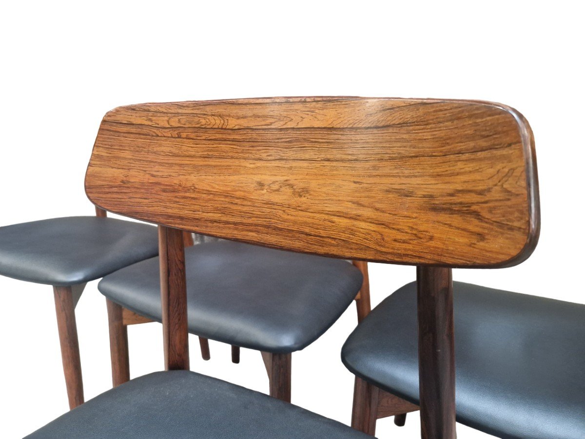 S&eacute;rie De Six Chaises Vintage Scandinaves  En Palissandre Et Cuir Noir, Harry Ostergaard-photo-4