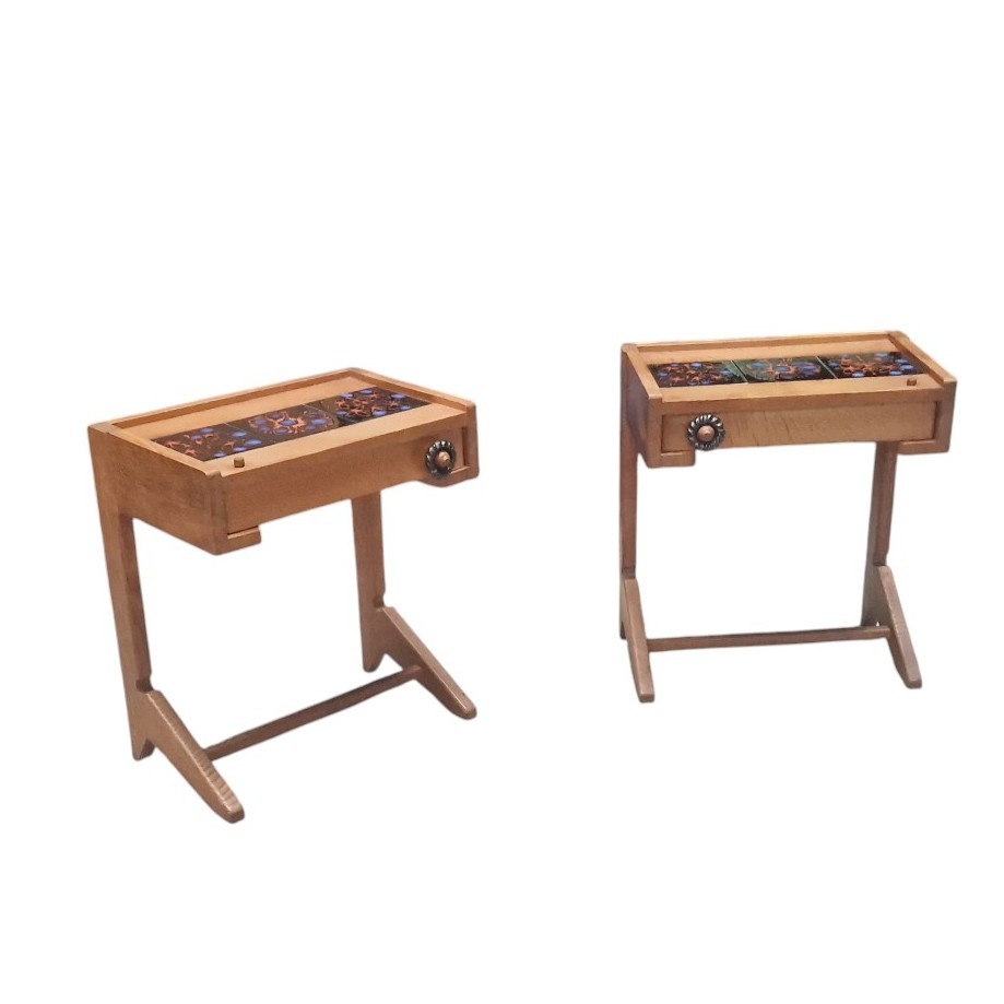 Pair Of Solid Oak Bedside Tables, Guillerme And Chambron-photo-2