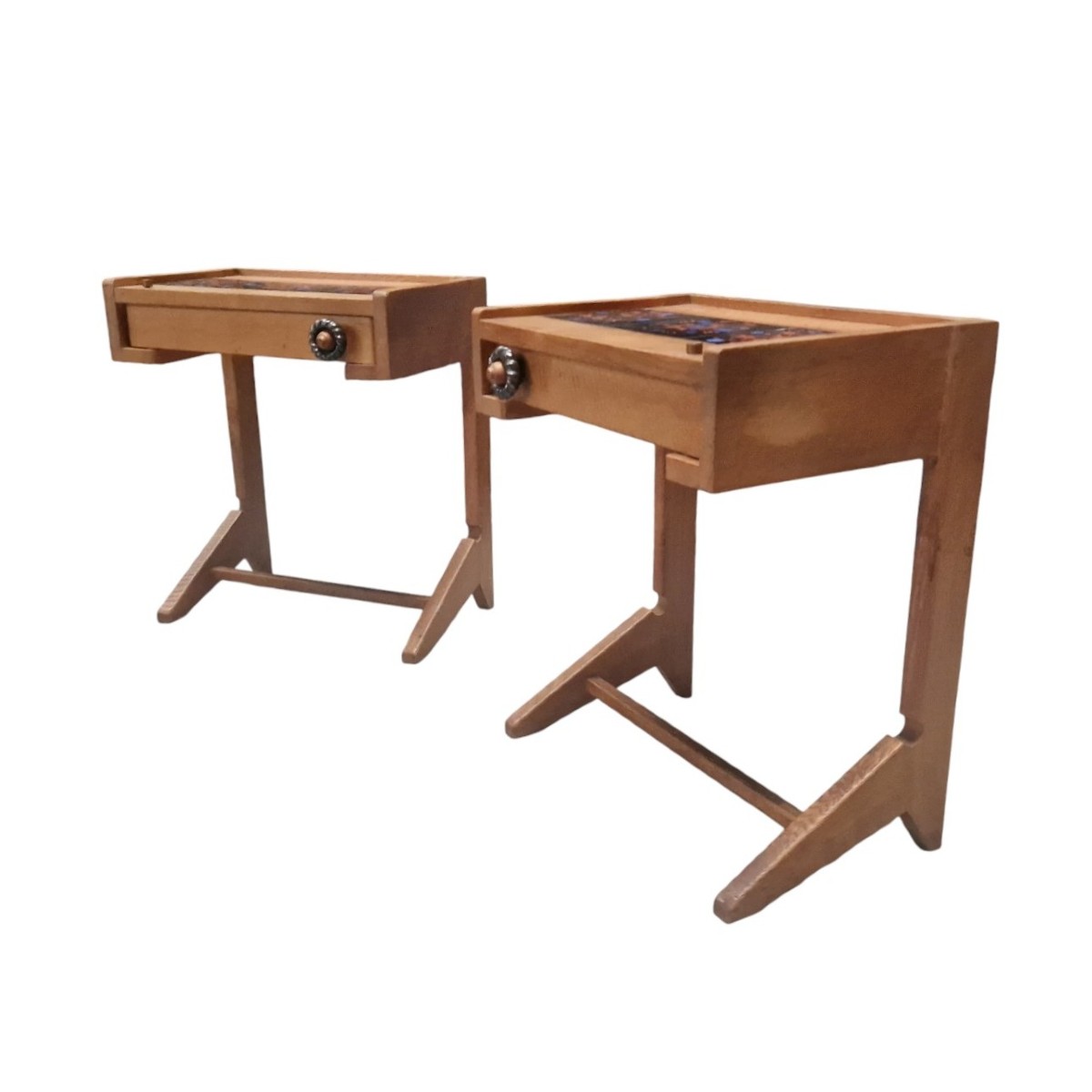Pair Of Solid Oak Bedside Tables, Guillerme And Chambron-photo-3