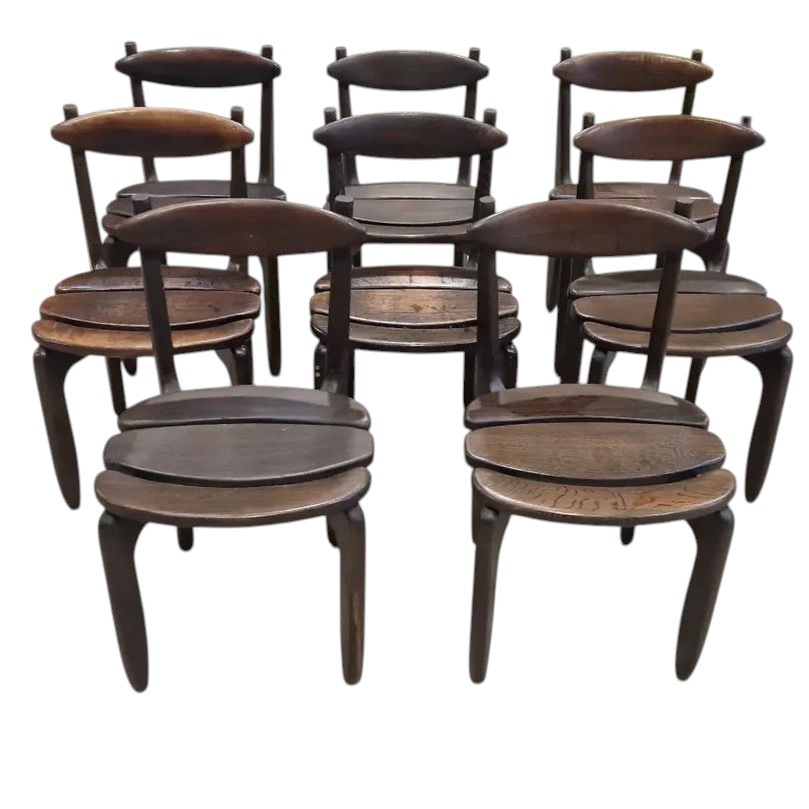 Set Of Eight Thierry Chairs In Patinated Solid Oak-photo-2
