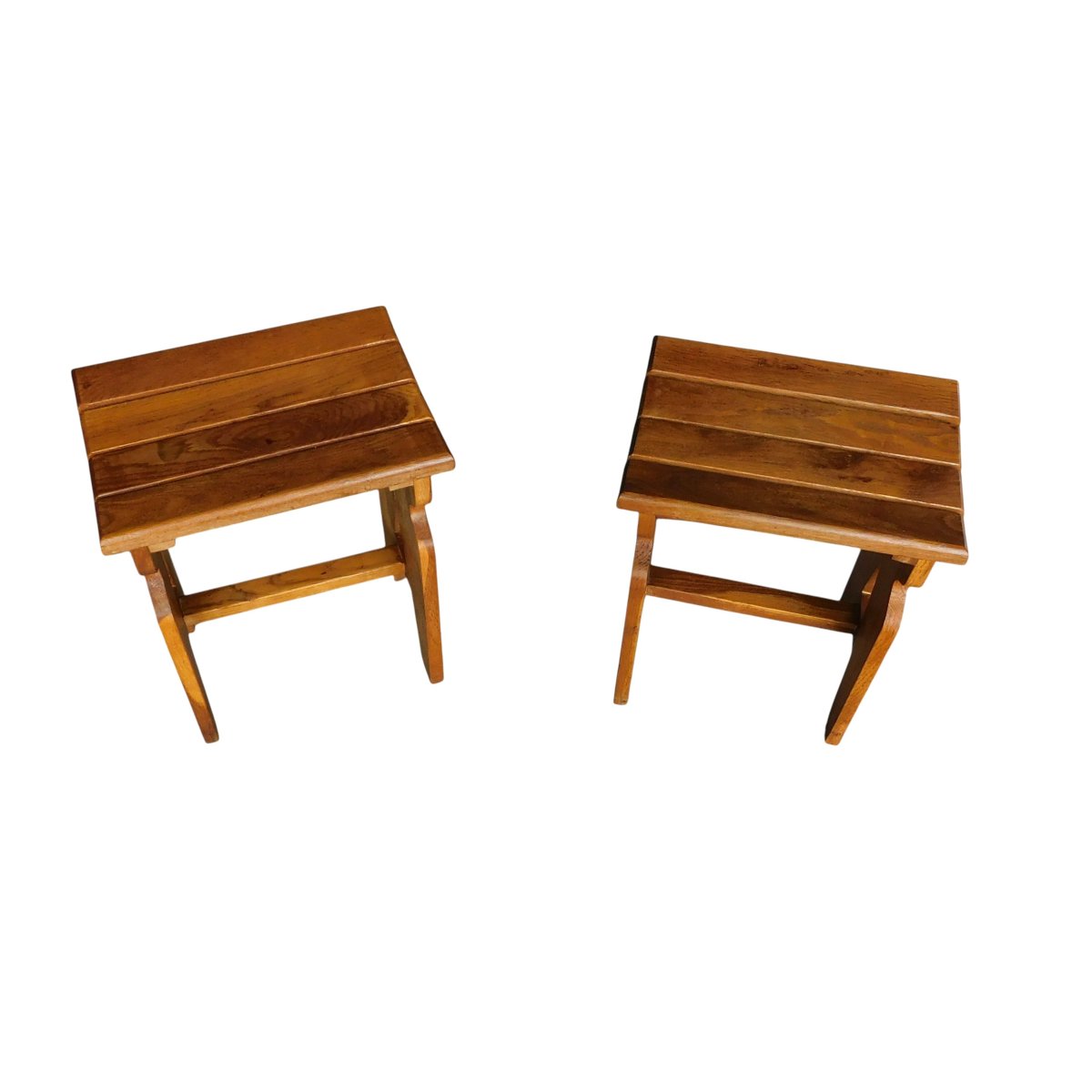 Pair Of Solid Oak Stools,  Guillerme And Chambron Style-photo-1