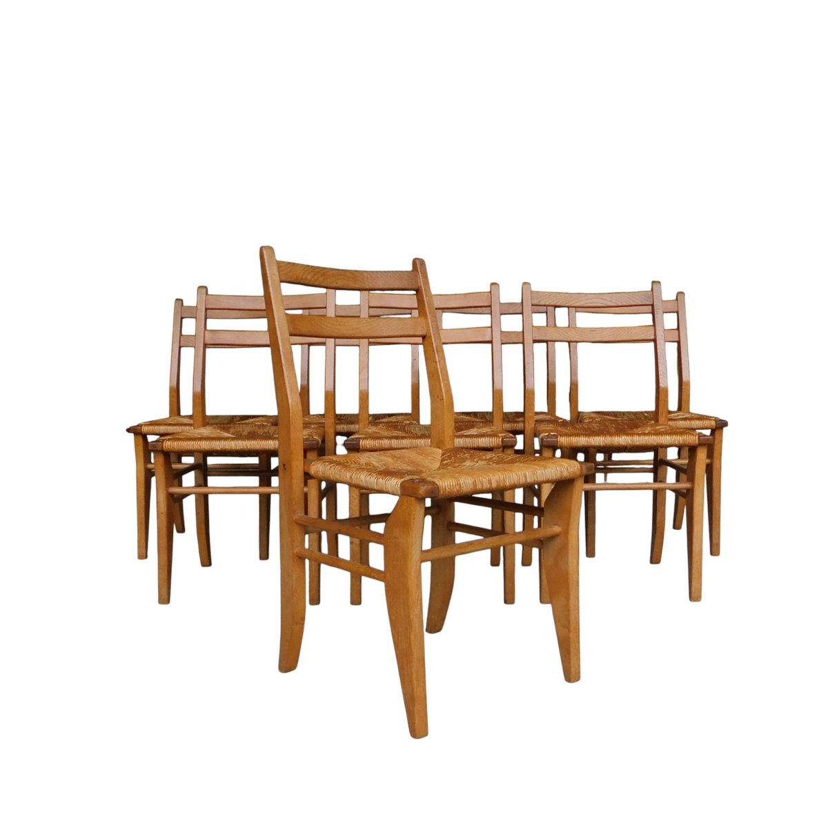 Set Of 8 Solid Oak Straw-seated Chairs, Guillerme And Chambron 