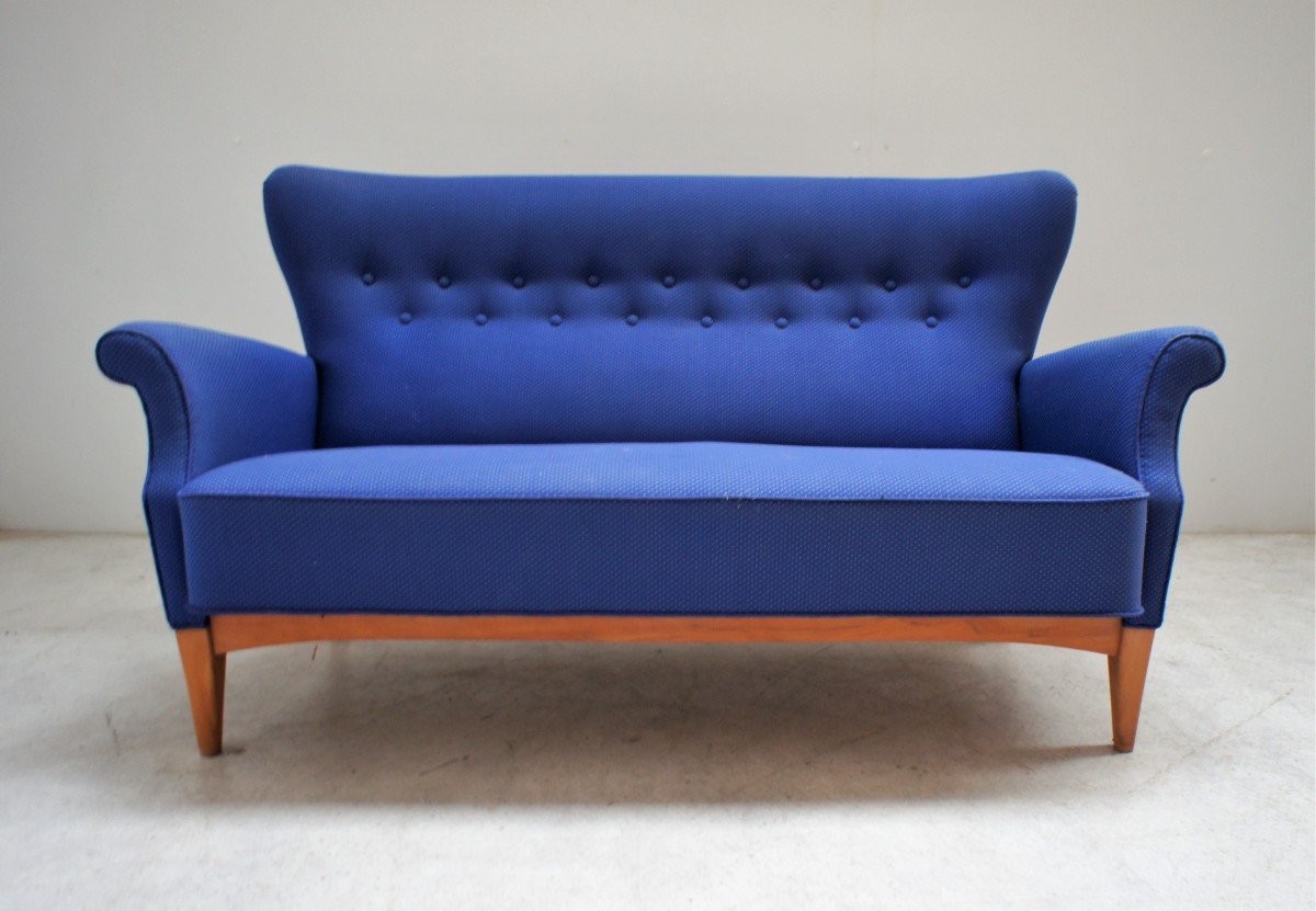 Canapé Vintage Scandinave En Tissu Bleu, Fritz Hansen