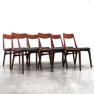 Série De Six Chaises Vintage En Teck Massif et cuir noir,  Alfred Christensen