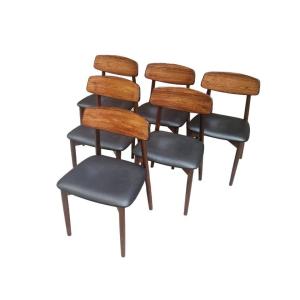 Series Of Six Vintage Scandinavian Chairs In Rosewood And Black Leather, Harry Ostergaard