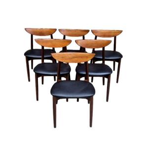 Series Of Six Vintage Scandinavian Chairs In Rosewood And Leather, Harry Ostergaard