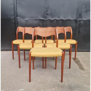 Series Of Six Vintage Scandinavian Chairs In Solid Teak, N°71, Niels O'moller