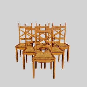Series Of Six Vintage Straw Chairs In Light Oak, Guillerme And Chambron