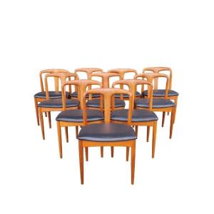 Series Of 10 Vintage Scandinavian Chairs In Solid Teak And Black Leather, J. Andersen