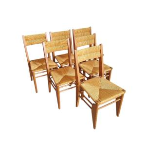 Suite de rares chaises paillées en chêne clair Guillerme et Chambron